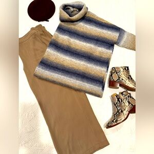 Max Studio Wide Leg Flat Front Beige Pants Sz L pockets back elastic waist